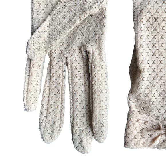 Vintage Beige Stretch Mesh Bow Detail Gloves Women - Picture 3 of 5